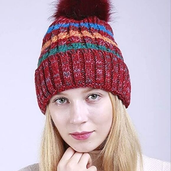 Knit Beanie Large Pompom Fleece - Lined NEW - Picture 1 of 3